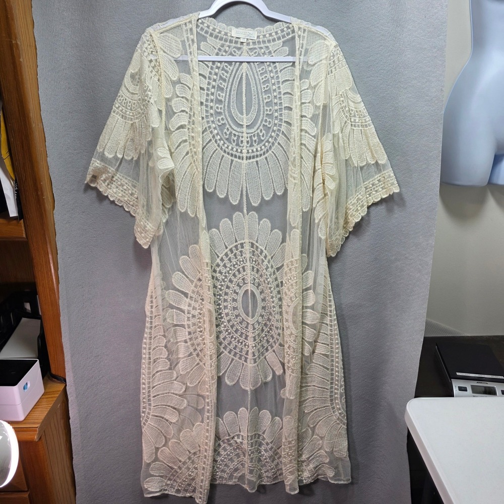 Rebellion Again Cream Lace Duster Cardigan Boho Mesh Floral Open Front Medium